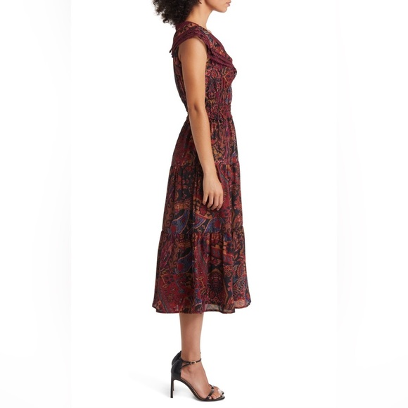 TAHARI ASL Print Lace Trim Tiered Midi Dress - Size 8 - Picture 6 of 16